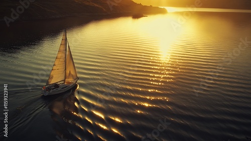 Fototapeta Naklejka Na Ścianę i Meble -  Sailboat sailing on golden sunset ocean waters