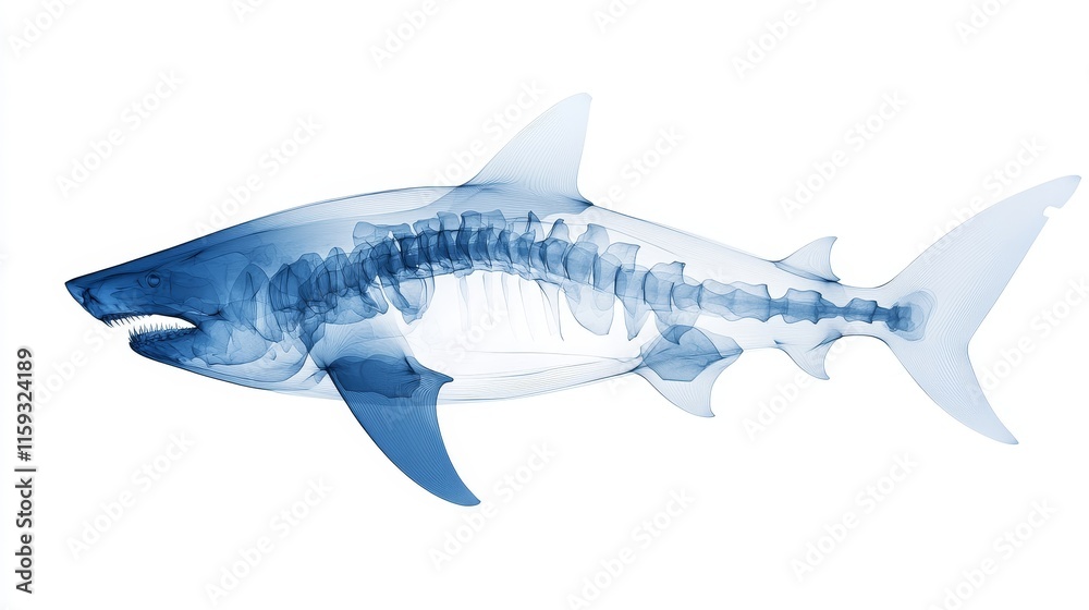 Obraz premium Detailed X-ray Image of a Shark Skeleton Illustrating the Complex Structure and Skeleton of This Marine Predator in Stunning Blue Tone