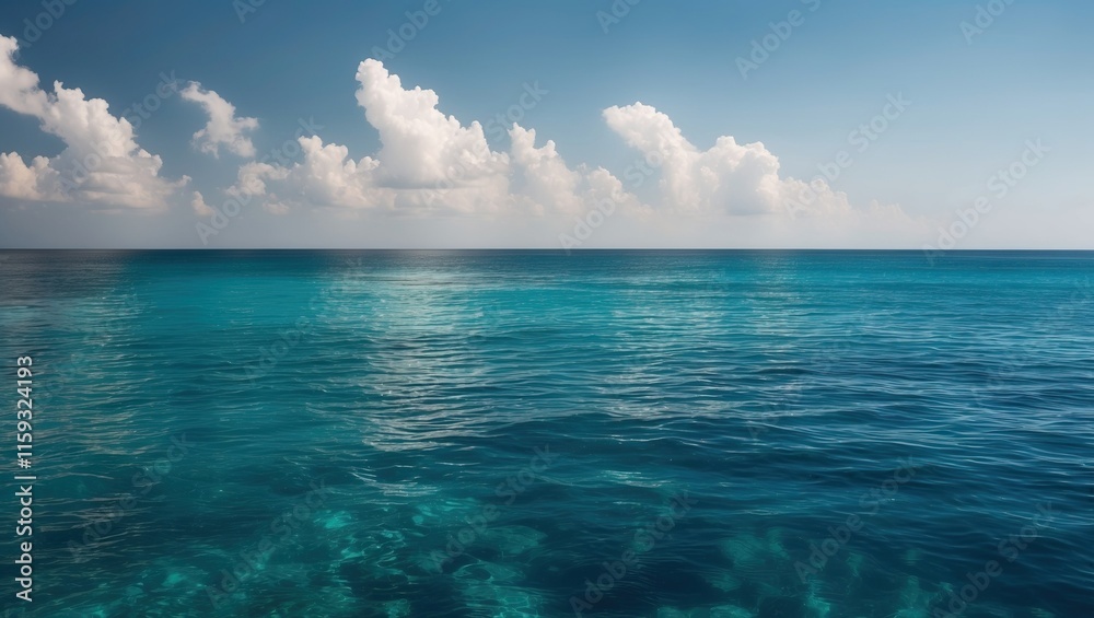Obraz premium Stunning ocean view with calm blue waters, serene atmosphere, and fluffy clouds in sky creating a tranquil, peaceful setting