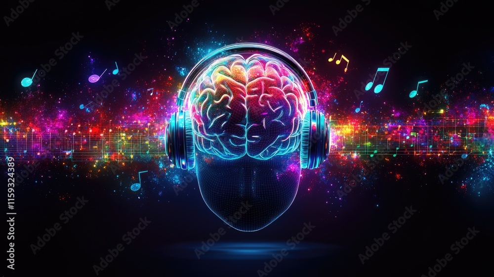 Obraz premium Vibrant brain with headphones and musical notes in neon colors
