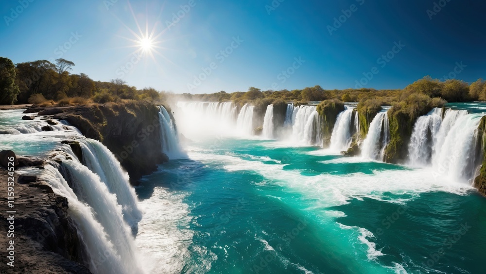 Fototapeta premium Breathtaking waterfall cascading into turquoise waters, surrounded by lush greenery and under a bright sun, creating a serene and picturesque landscape
