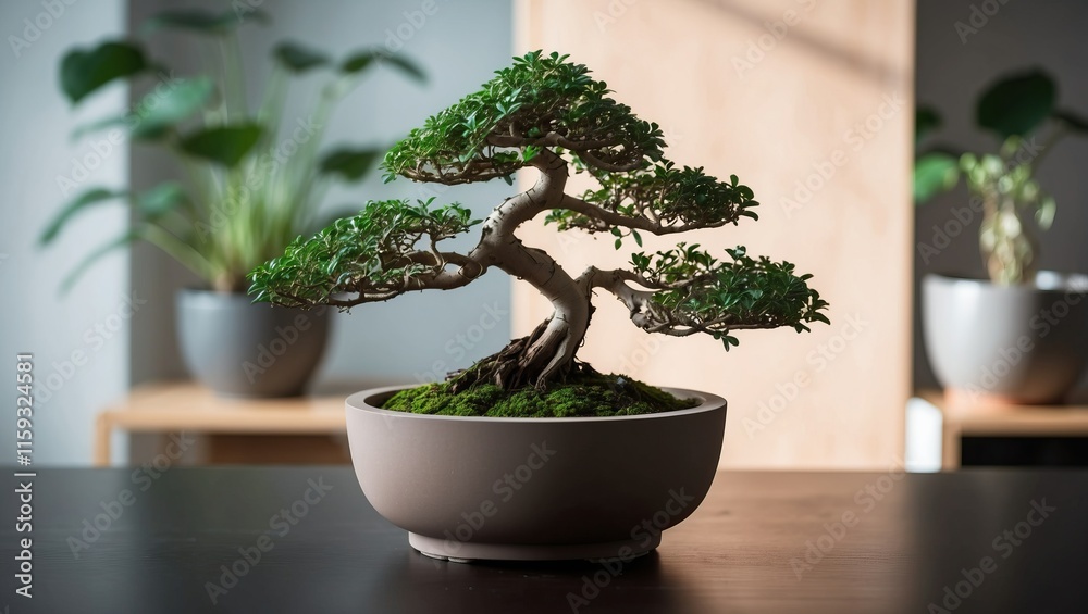 Bonsai tree in elegant pot showcasing lush green foliage, symbolizing tranquility and harmony in indoor spaces and enhancing minimalist decor Bonsai tree in elegant pot showcasing lush green foliage, symbolizing tranquility and harmony in indoor spaces and enhancing minimalist decor