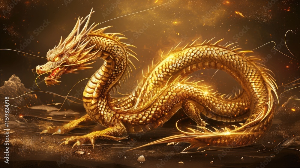 Fototapeta premium Glorious golden dragon with scales shimmering like sunlight. Serene and majestic creature of legendary status in mythology.