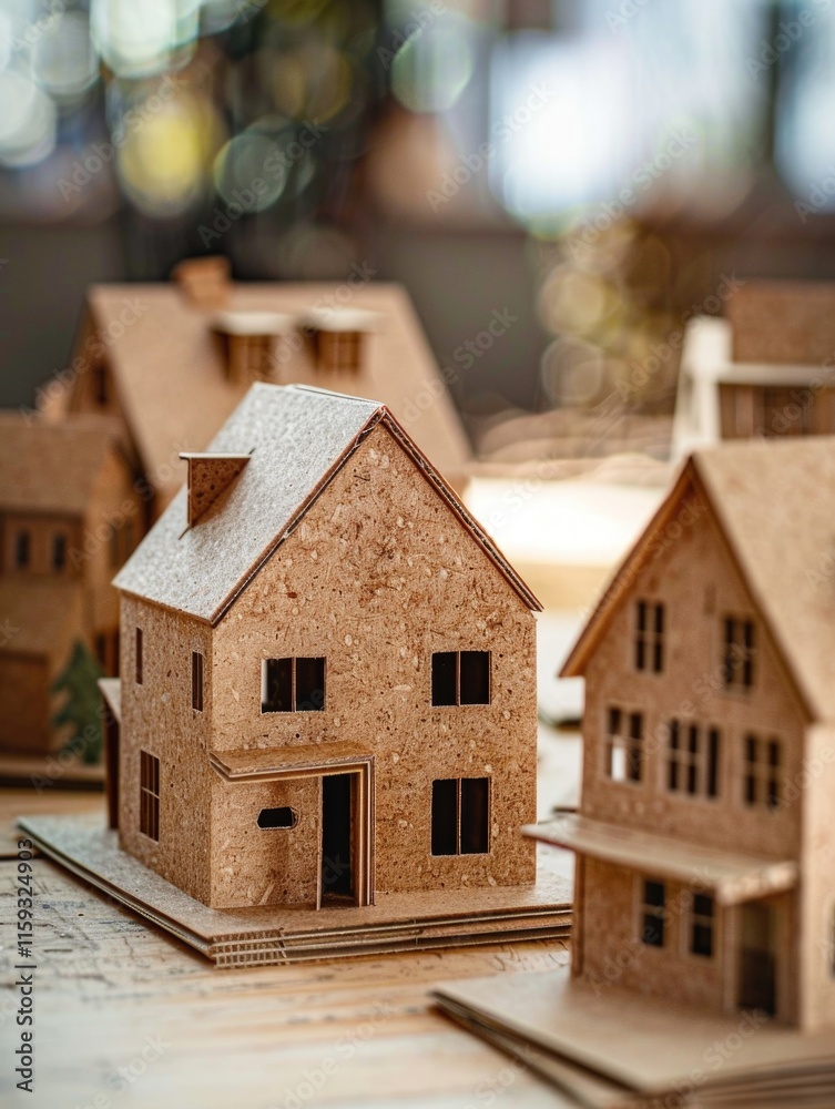 Row of small houses made of cardboard. The houses are all different sizes and shapes, but they all have a similar design. The houses are arranged in a row on a table Row of small houses made of cardboard. The houses are all different sizes and shapes, but they all have a similar design. The houses are arranged in a row on a table
