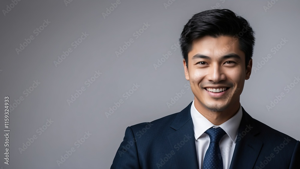 Confident man in a suit smiling, conveying professionalism and approachability suitable for business contexts or motivational materials Confident man in a suit smiling, conveying professionalism and approachability suitable for business contexts or motivational materials