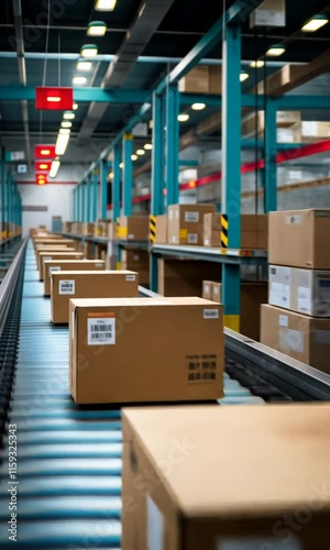 Efficient Flow: Cardboard Boxes on a Conveyor in a Logistics Warehouse
