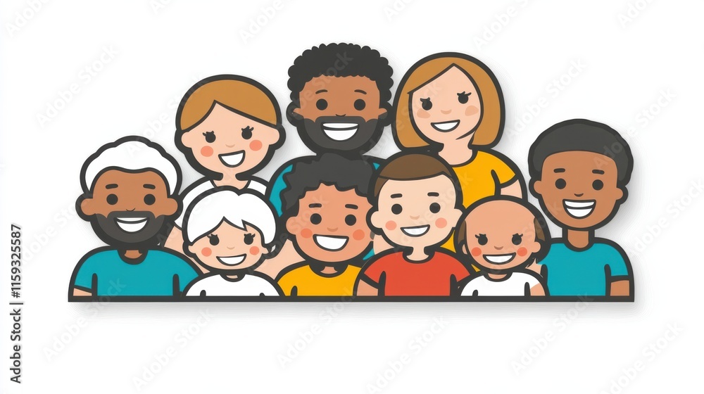 A happy big family icon featuring diverse individuals of white and black descent, colorful and cheerful design, friendly expressions, harmonious atmosphere, simplistic style A happy big family icon featuring diverse individuals of white and black descent, colorful and cheerful design, friendly expressions, harmonious atmosphere, simplistic style