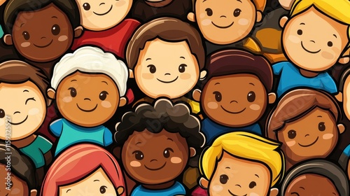 A happy big family icon featuring diverse individuals of white and black descent, colorful and cheerful design, friendly expressions, harmonious atmosphere, simplistic style photo