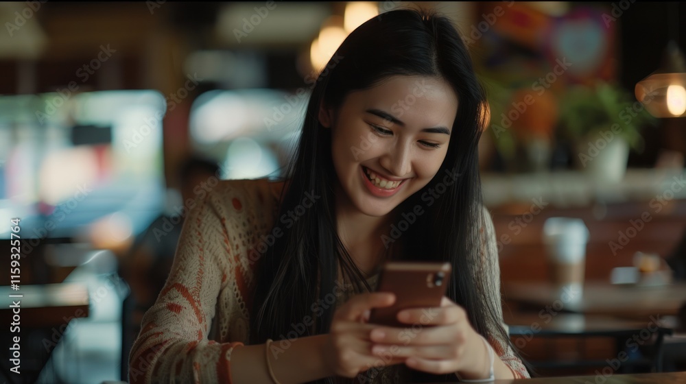 Happy young woman using smartphone in cafe. (1)