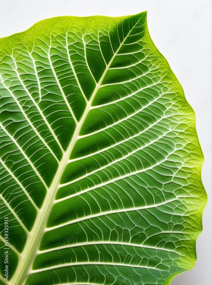 Detailed close-up view of a vibrant green leaf showcasing its intricate vein patterns in natural light