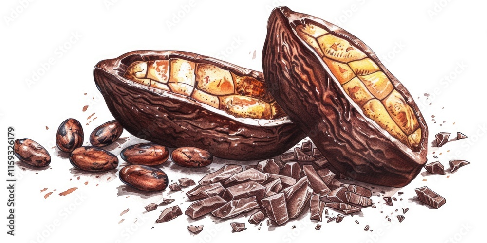 Illustration of whole cocoa pod and its broken pieces on a white background. The cocoa pod is open to reveal the nuts inside. Illustration of whole cocoa pod and its broken pieces on a white background. The cocoa pod is open to reveal the nuts inside.