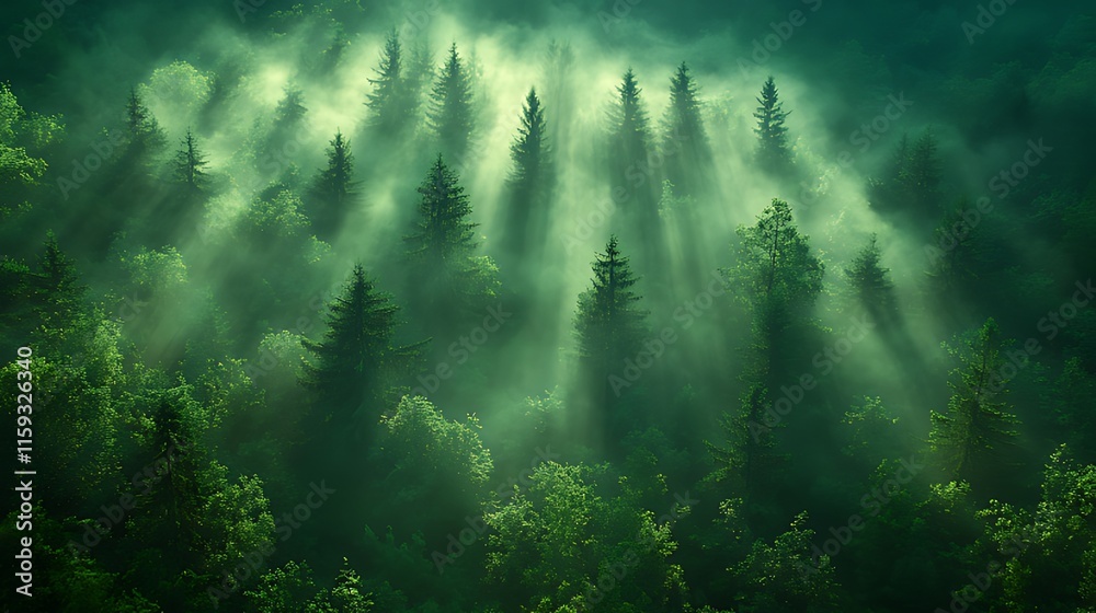 Fototapeta premium Sunbeams illuminating misty evergreen forest.