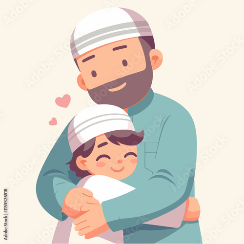 Title Father hugging his son. Ideal for familythemed designs, Fathers Day projects, parenting concepts, emotional illustrations, and loving relationship content.