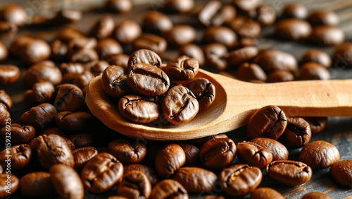 Rich aroma of freshly roasted coffee beans resting on wooden spoon  perfect for gourmet coffee lovers and culinary arts photo