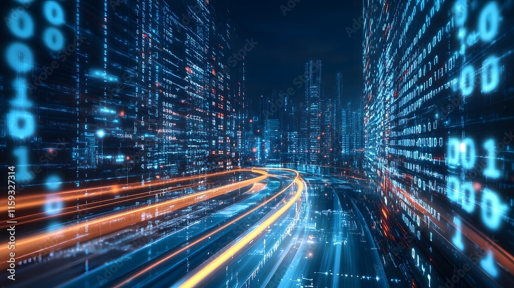 Fototapeta premium Digital Cityscape Highlighting Data Flow and Speed