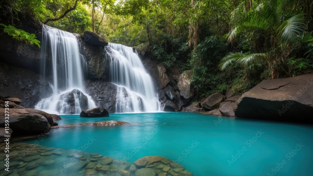 Fototapeta premium Majestic waterfall cascades into turquoise pool surrounded by lush tropical forest, creating serene atmosphere perfect for relaxation and exploration