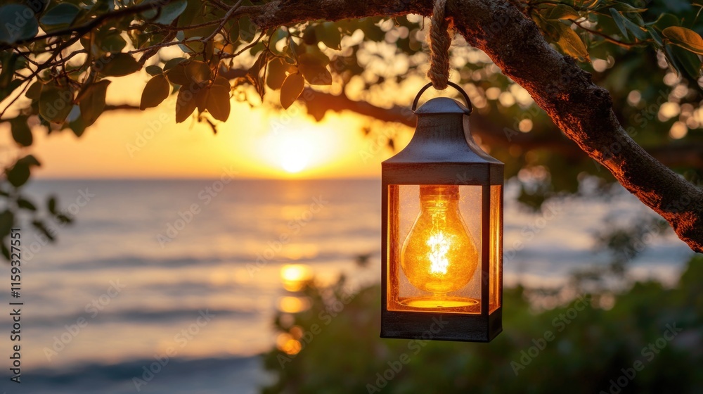 Sunset lantern hanging from tree overlooking ocean horizon. Ramadan Mubarak Sunset lantern hanging from tree overlooking ocean horizon. Ramadan Mubarak