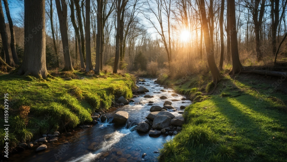 Serene stream flowing through a lush forest with sunlight filtering through trees, creating a tranquil and picturesque natural environment Serene stream flowing through a lush forest with sunlight filtering through trees, creating a tranquil and picturesque natural environment