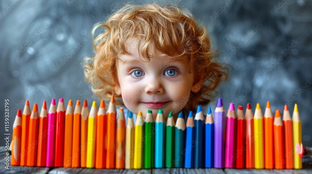 Child with colorful crayons in front of playful background enjoying art in a bright and lively setting Child with colorful crayons in front of playful background enjoying art in a bright and lively setting