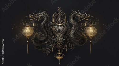 An ornate, dragon-themed chandelier with gold accents and crystalline detailing. photo