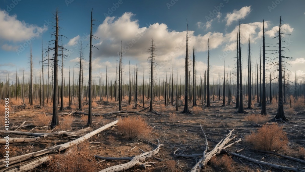 Scorched landscape depicting aftermath of wildfires with dead trees, barren ground, and overcast sky reflecting environmental impact and recovery processes Scorched landscape depicting aftermath of wildfires with dead trees, barren ground, and overcast sky reflecting environmental impact and recovery processes
