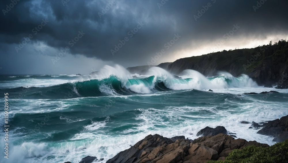 Dramatic ocean waves crashing against rugged rocks under a stormy sky, showcasing nature's power and beauty, ideal for travel or environmental themes Dramatic ocean waves crashing against rugged rocks under a stormy sky, showcasing nature's power and beauty, ideal for travel or environmental themes
