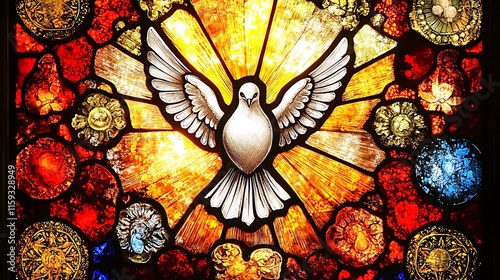 A vibrant stained glass art of the Holy Spirit as a dove glowing in the midst of fiery bursts of color, radiant light beams and intricate celestial patterns symbolizing the sacrament of Confirmation.