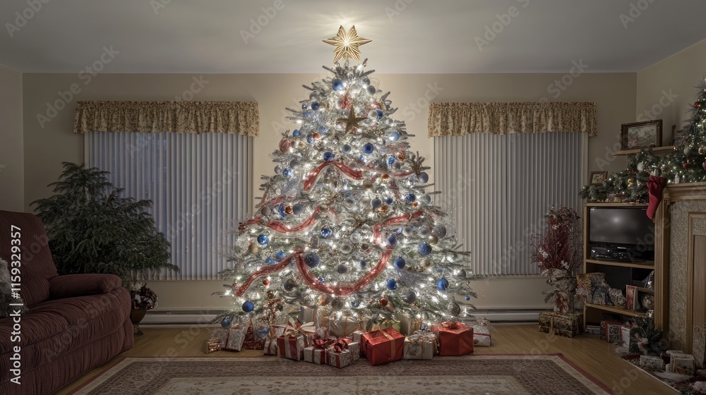 A large, decorated Christmas tree stands in a living room, surrounded by presents. A large, decorated Christmas tree stands in a living room, surrounded by presents.