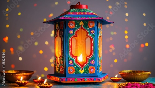 Colorful decorative lantern with candles, creating a warm atmosphere for festivities, symbolizing celebration and cultural traditions photo