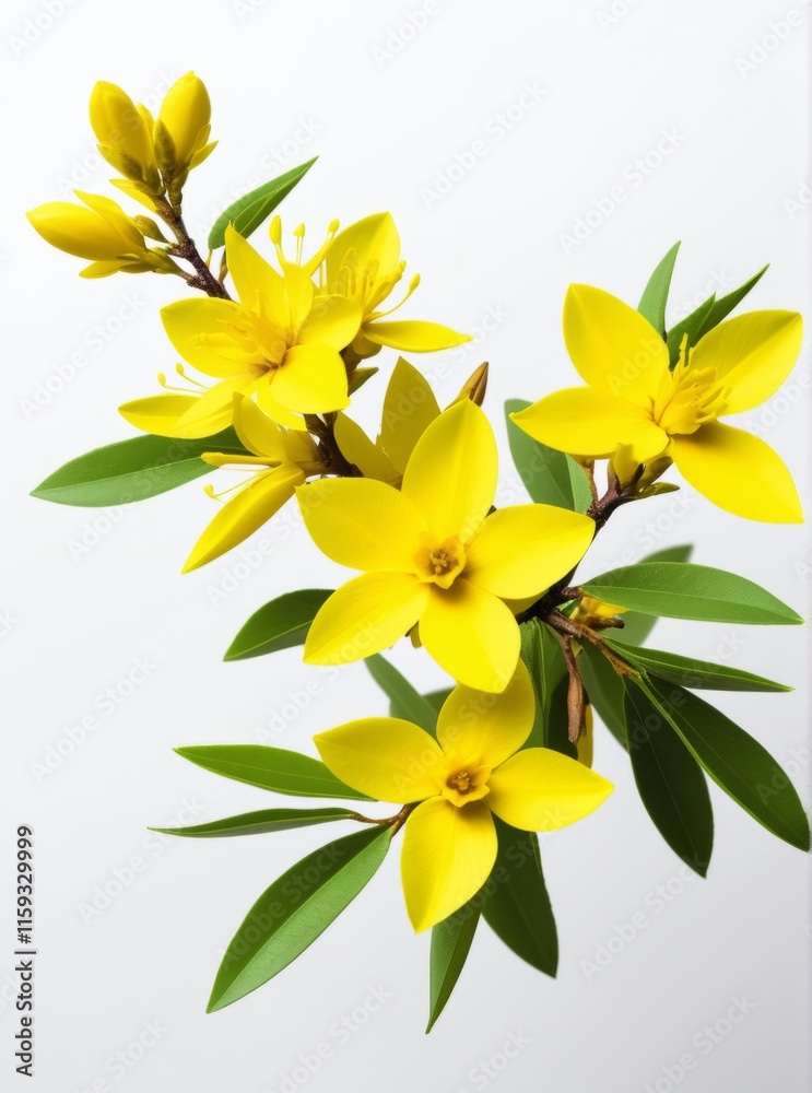 Forsythia branch. Bright yellow flowers with lush green leaves arranged on a white background create a vibrant natural composition Forsythia branch. Bright yellow flowers with lush green leaves arranged on a white background create a vibrant natural composition