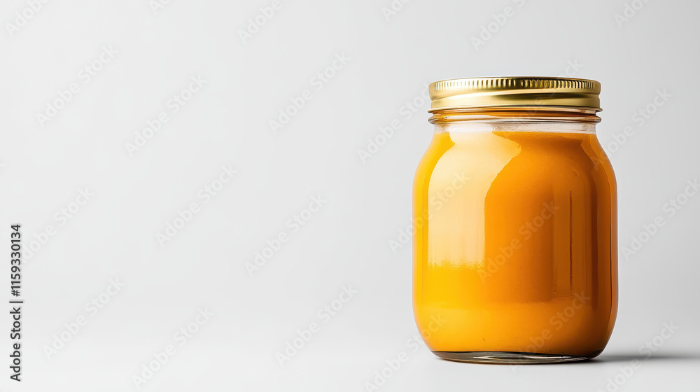 Realistic mockup of a jam jar filled with yellow sweet potato mousse against a clean white background Realistic mockup of a jam jar filled with yellow sweet potato mousse against a clean white background