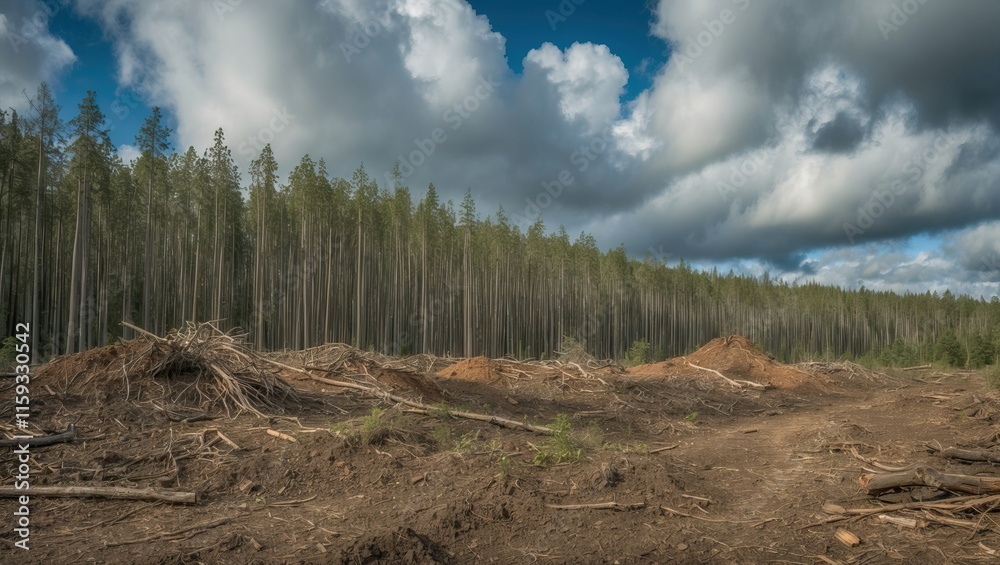 Deforested landscape shows cleared land with tree stumps under a dramatic sky, highlighting environmental impacts of logging and the need for conservation Deforested landscape shows cleared land with tree stumps under a dramatic sky, highlighting environmental impacts of logging and the need for conservation