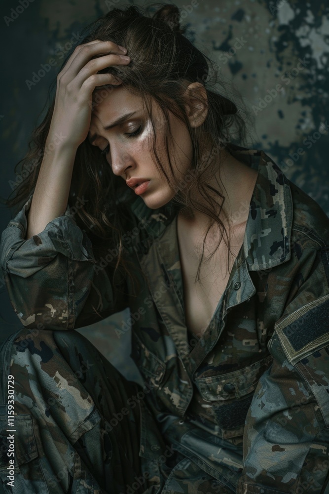 Woman in uniform, head down, hands clasped together on chest Woman in uniform, head down, hands clasped together on chest