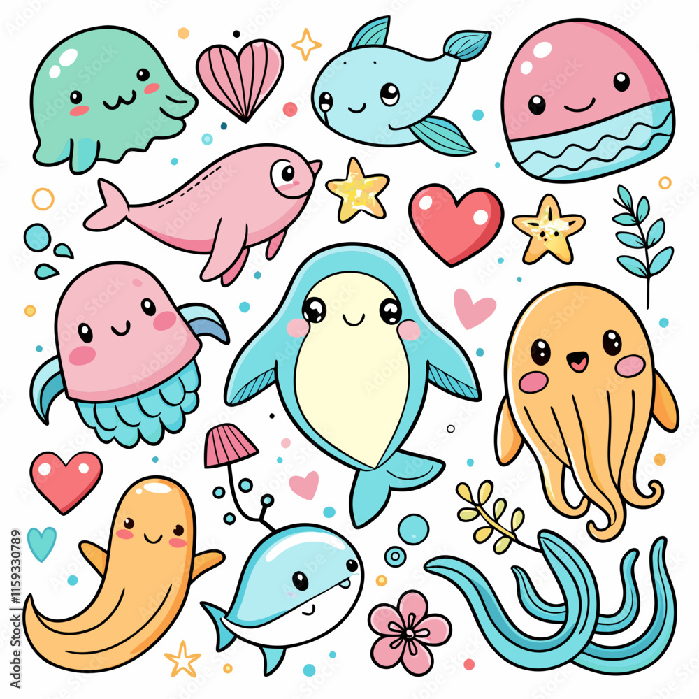 Cute Sea Creatures Doodles: Colorful Line Drawings Cute Sea Creatures Doodles: Colorful Line Drawings