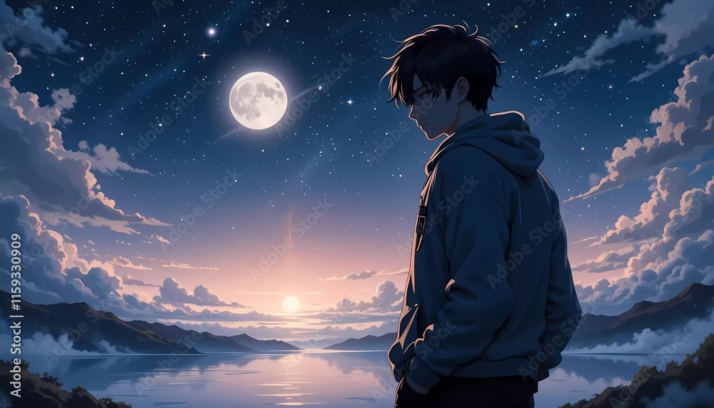 Fototapeta premium Serene Night: Anime Boy Contemplates Tranquil Lake and Moonlit Sky