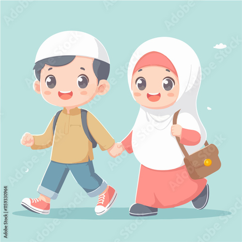 Muslim boy and girl walking to school. Suitable for educational materials, cultural diversity themes, or schoolrelated content. Muslim boy and girl walk together to school.