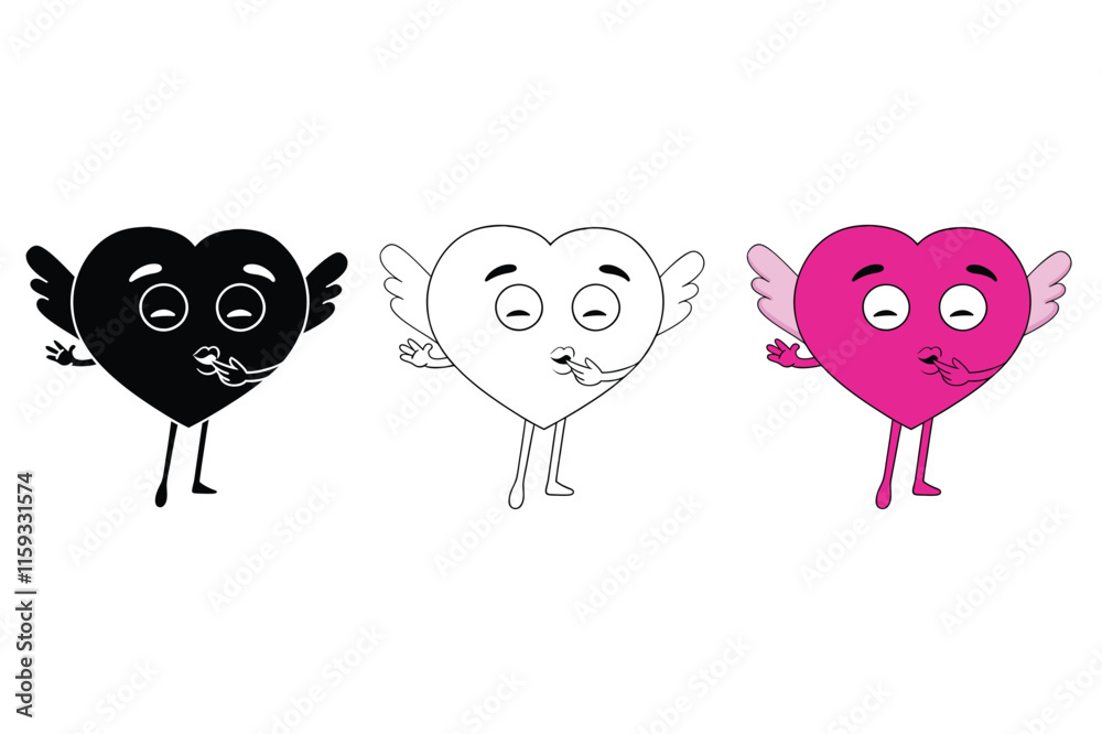 Obraz premium Heart Giving Flying Kiss Vector Illustration Set.