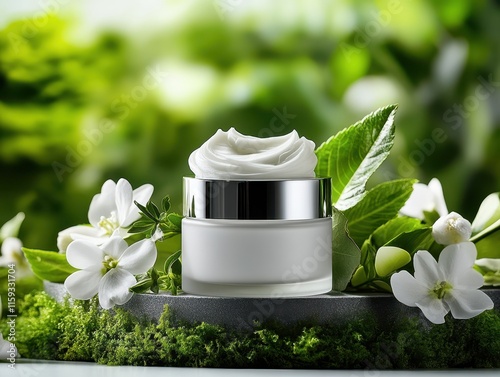 Face cream jar with cap displayed on a white background showcasing its quality and design for skincare enthusiasts photo