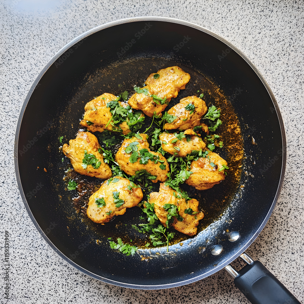 Chicken curry dish seasoned with parsley being served on a black frying pan. Chicken curry dish seasoned with parsley being served on a black frying pan.