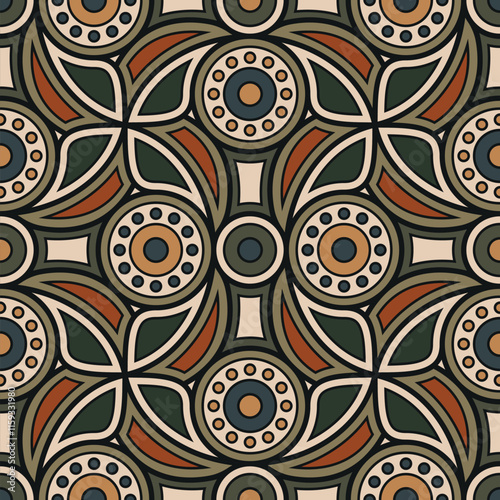 Floral and geometric elements in an intricate, ethnic contemporary design. Retro vintage style. Seamless repeating pattern. Abstract vector illustration. 