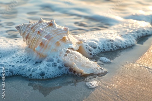 Seashell on beach washed by foamy waves. photo