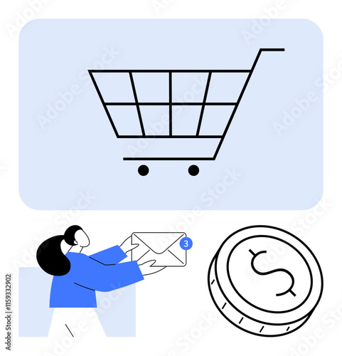 Shopping cart icon, person receiving an email, and a coin illustration. Ideal for e-commerce, online shopping, digital communication, customer service, financial transactions, email marketing