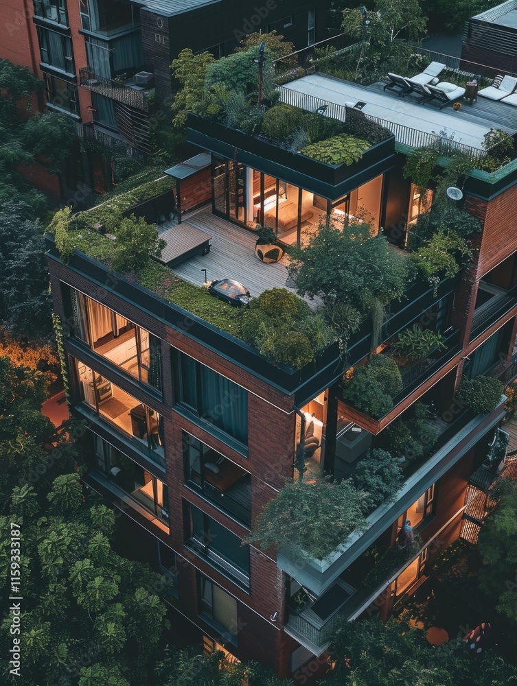 Obraz premium A modern multi-level apartment building featuring rooftop gardens and sustainable design elements. The structure is illuminated against the night skyline, showcasing its architectural features.