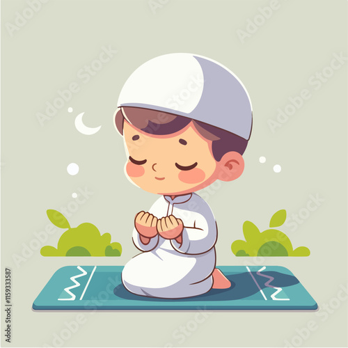 Boy praying on a rug suitable for religious, spiritual, faith, prayer, meditation, young, child, Muslim, Islamic, culture, devotion, peaceful, tranquil, serene, mosque, Islamic, lifestyle.