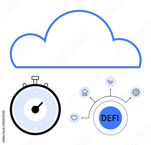Cloud outline stopwatch DeFi node surrounded by heart house cart gear. Ideal for tech, finance, innovation, connectivity, time management, cloud computing, decentralized finance. Line metaphor