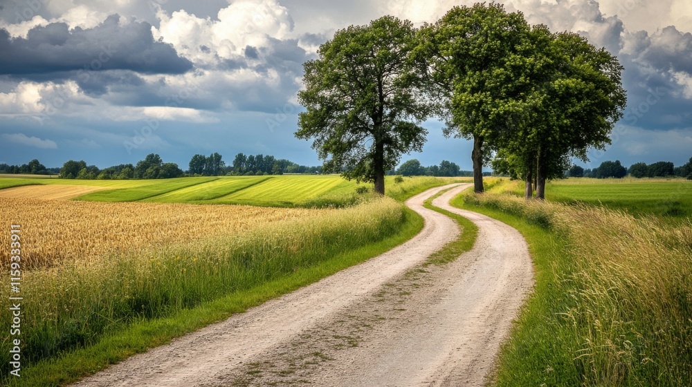 Scenic Countryside Road with Lush Green Fields Scenic Countryside Road with Lush Green Fields
