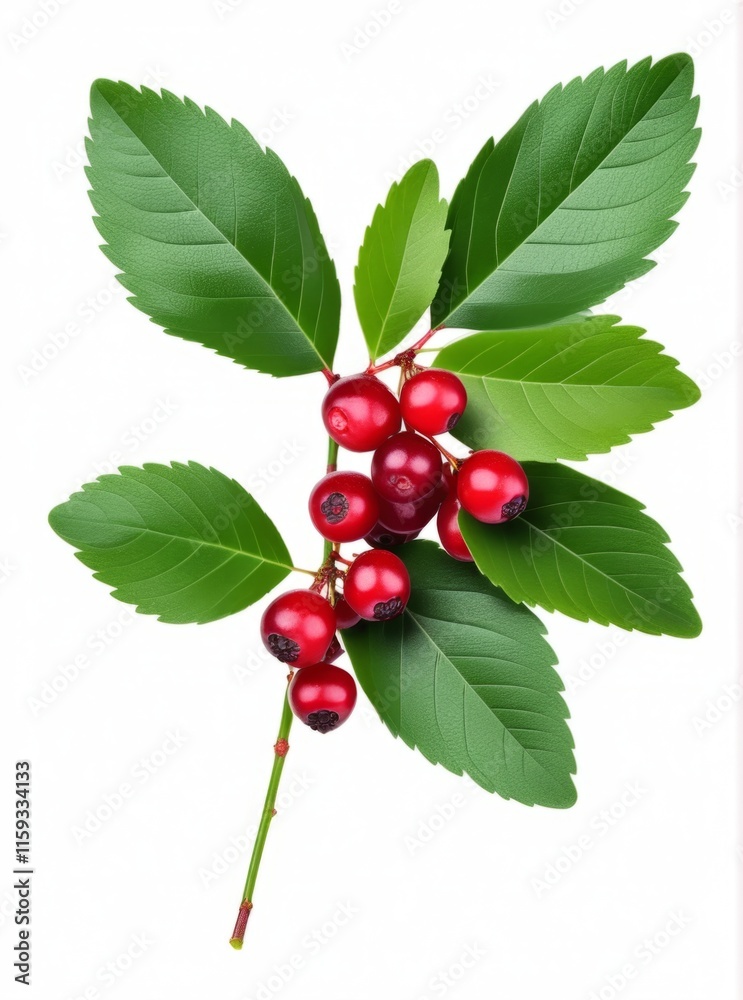 cranberry Bright red berries cluster with lush green leaves on a white background during daytime in a botanical setting cranberry Bright red berries cluster with lush green leaves on a white background during daytime in a botanical setting