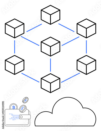 Cubes connected by lines forming a blockchain network. Wallet with cryptocurrency icons and a cloud element below. Ideal for digital security, blockchain technology, cryptocurrency, finance, cloud