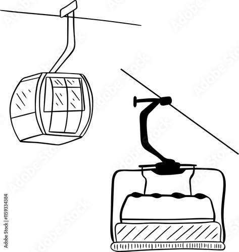 Mountain lift funicular graphic line illustration set. Overview of tourist attractions at a height by tourists. Vector illustration