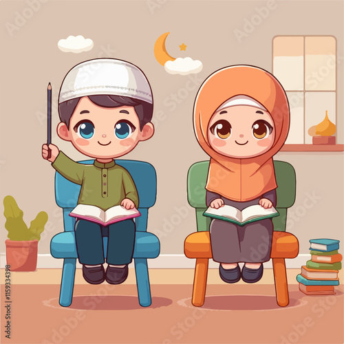 Boy and girl on chairs with books, perfect for educational or studying concepts in photography, social media, design projects.